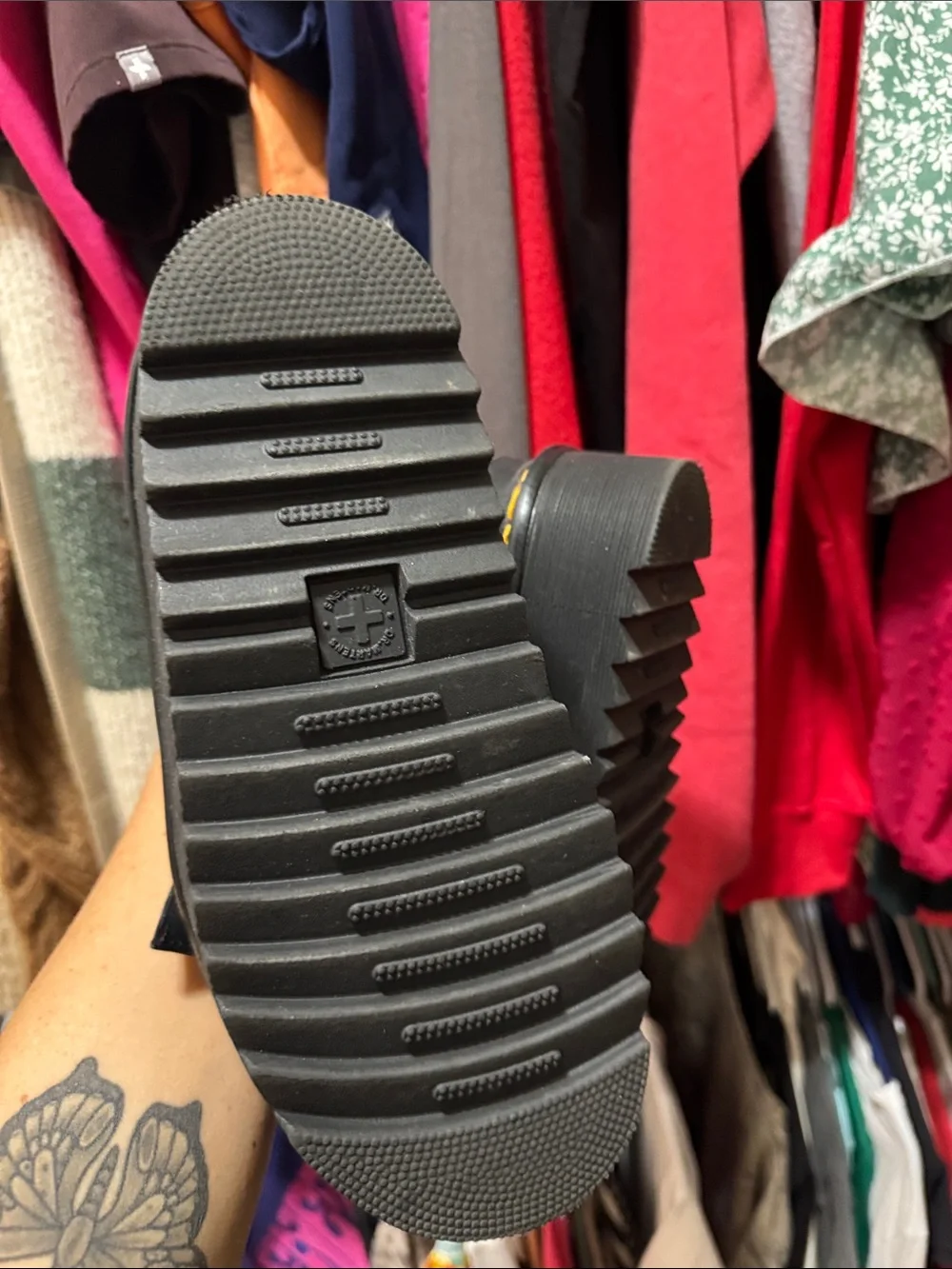 Dr. Martens Black Platform Strappy Sandals with Yellow Stitching